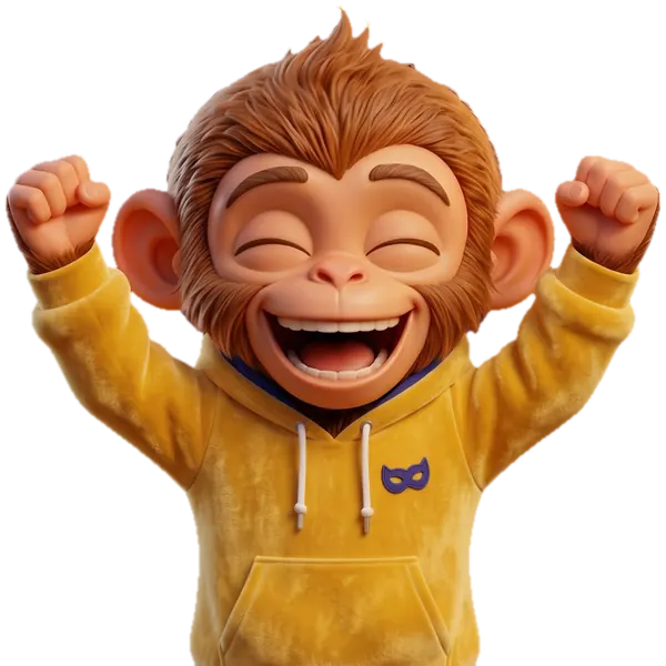 The host raises both fists, laughing