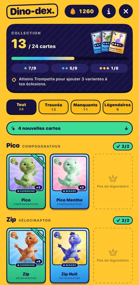 Capture du jeu : le Dino-dex et ses cartes