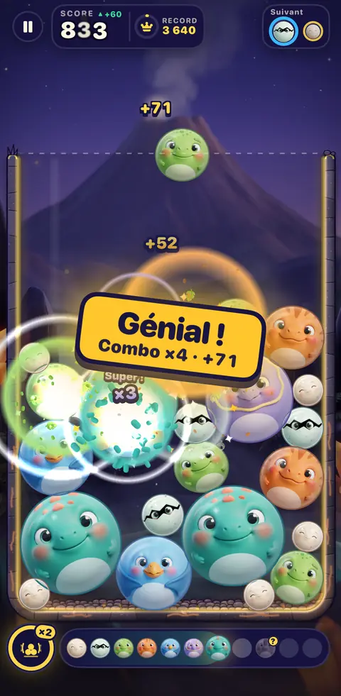 Capture du jeu : une partie en cours, avec un combo dans le nid